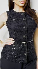 Ardelle Belted Sequin Tweed Top - Black