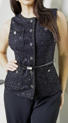 Ardelle Belted Sequin Tweed Top - Black