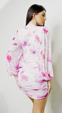 Deniz Surplice Mini Dress in Floral Pink close-up of neckline and shoulder detail