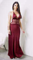 Ravena Lace Satin Detail Halter Maxi Dress in Red stitching and texture close-up hemline and silhouette detail