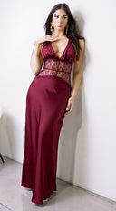 Ravena Lace Satin Detail Halter Maxi Dress in Red close-up of neckline and shoulder detail