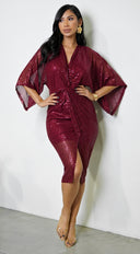 Maryla Front Twist Sequin Midi Dress - Burgundy