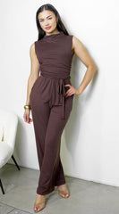 Cael Ribbed Mock Neck Jumpsuit - Brown