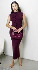 Marlo Knit Pleated Set in Burgundy fabric drape close-up hemline and silhouette detail
