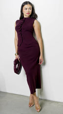 Marlo Knit Pleated Set in Burgundy side profile view on model