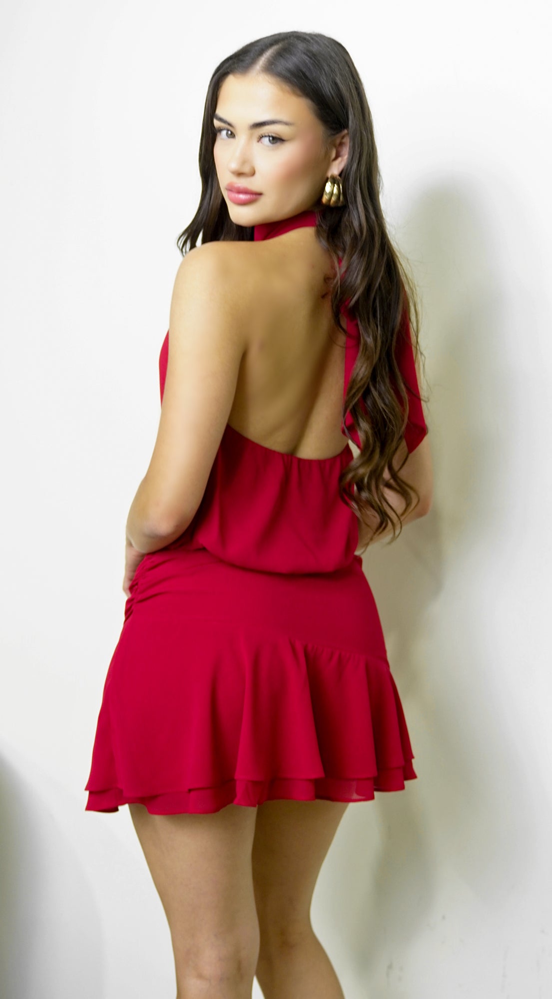 Serea Halter Ruffle Mini Dress - Red