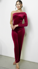Nightfall One Shoulder Velvet Jumpsuit - Burgundy