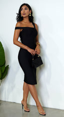 Tamika Black Off Shoulder High Slit Bandage Dress
