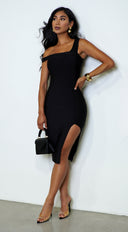 Tamika Black Off Shoulder High Slit Bandage Dress