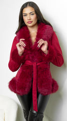 Velouria Faux Suede Fur Coat - Red