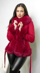 Velouria Faux Suede Fur Coat - Red