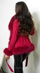 Velouria Faux Suede Fur Coat - Red