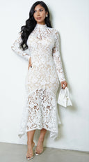 Ishani Mock Neck Lace Midi Dress - White
