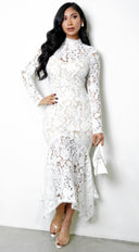 Ishani Mock Neck Lace Midi Dress - White