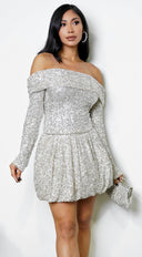 Kalyra Off Shoulder Balloon Top & Skirt Set in Beige fabric drape close-up hemline and silhouette detail