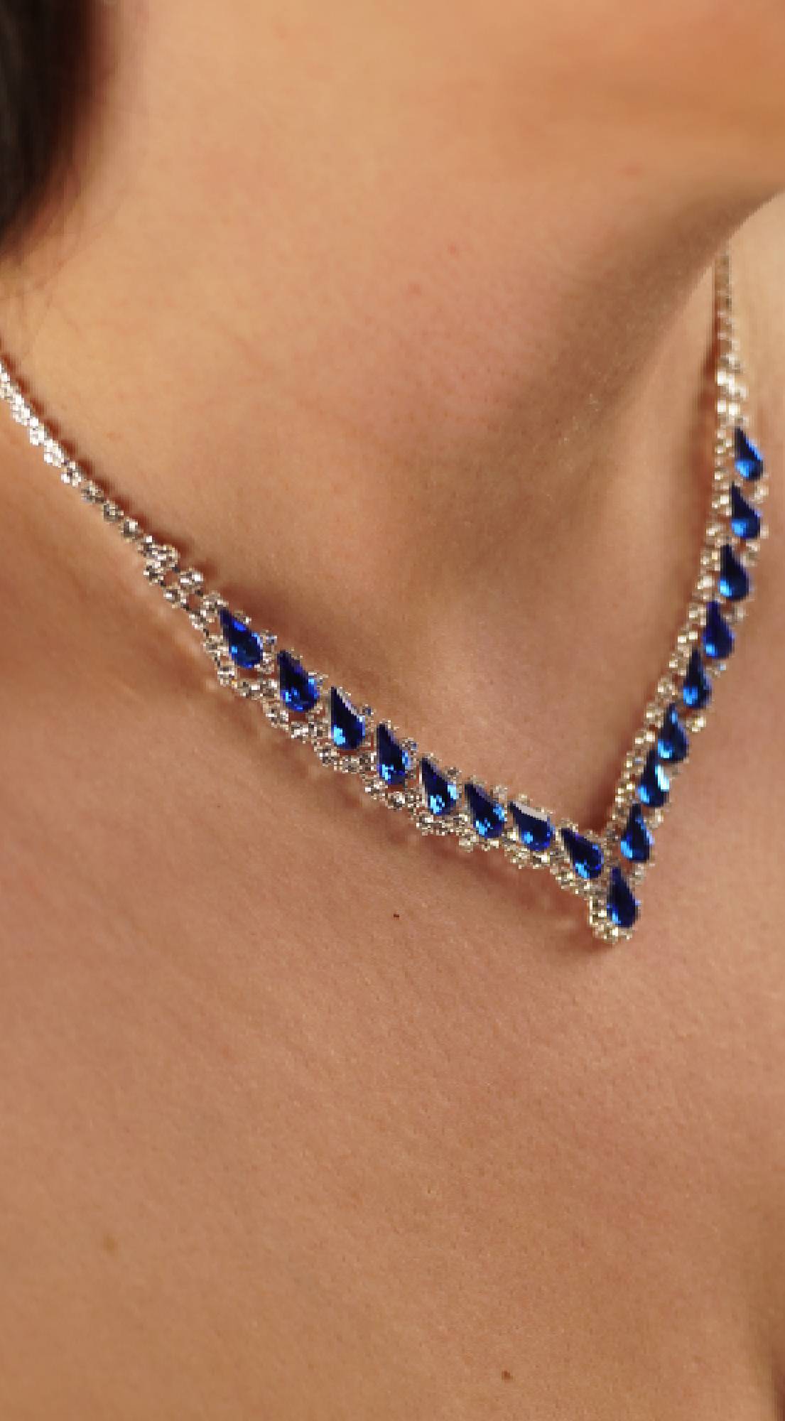 Shine & Glow Blue Sapphire Teardrop Stone Accented Collar Rhinestone Necklace & Earrings Set
