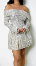 Kalyra Off Shoulder Balloon Top & Skirt Set in Beige embellishment and trim close-up