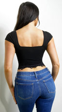 Solace Lace Trim Cap Sleeve Top in Black close-up of lace detailing