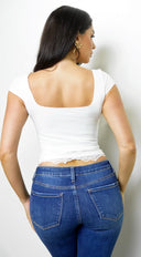 Solace Lace Trim Cap Sleeve Top in White close-up of lace detailing