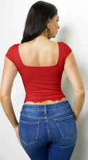 Solace Lace Trim Cap Sleeve Top in Red side profile view on model