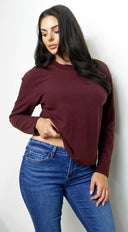 Mirna Soft Knit Long Sleeve Top in Burgundy side profile view on model