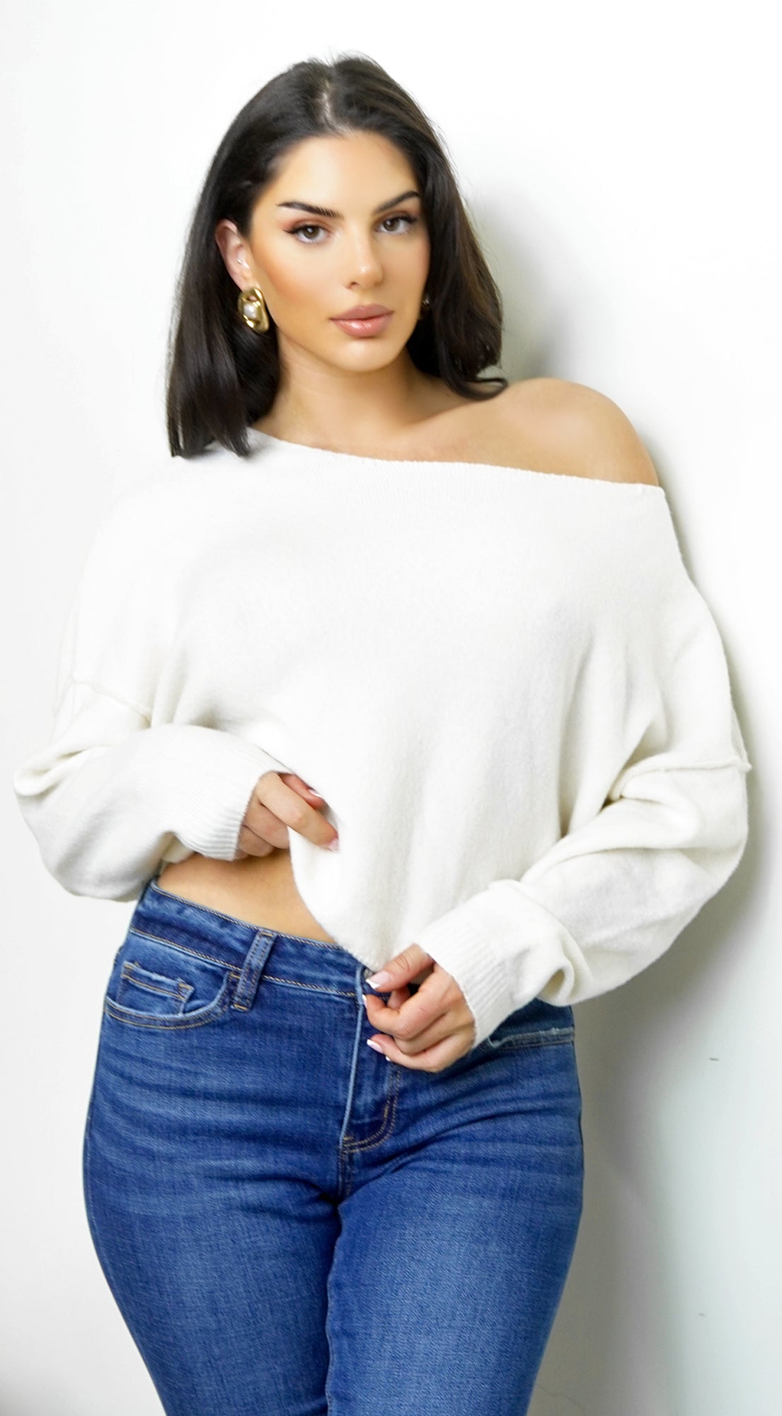 Celise Slouch Off Shoulder Knit Sweater - Cream