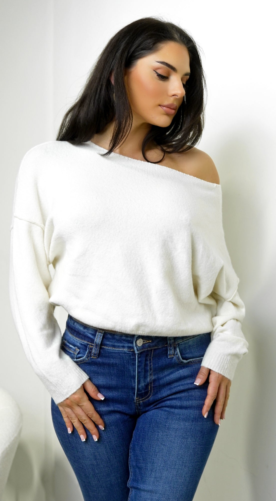 Celise Slouch Off Shoulder Knit Sweater - Cream