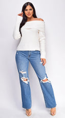 Fayola Ivory White Off Shoulder Sweater Top full length three-quarter angle