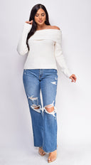 Fayola Ivory White Off Shoulder Sweater Top stitching and texture close-up hemline and silhouette detail