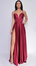 Peighton Burgundy Red Double Slit Satin Gown full length front view on model