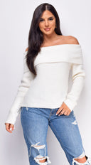 Fayola Ivory White Off Shoulder Sweater Top close-up of neckline and shoulder detail