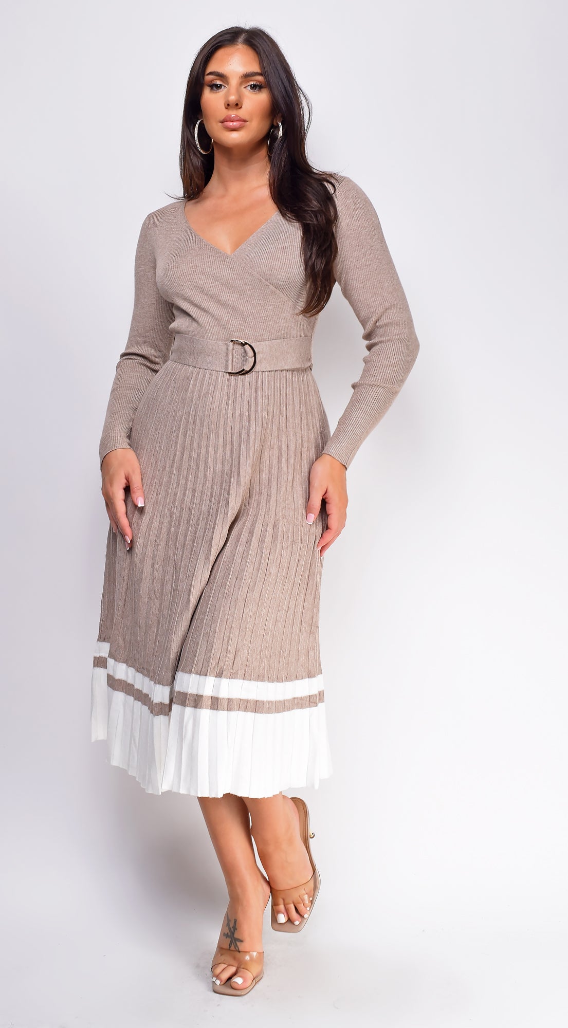 Amari Beige Belted Pleated Sweater Midi Dress