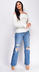 Fayola Ivory White Off Shoulder Sweater Top hemline and silhouette detail