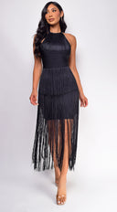 Seilynn Black Halter Fringe Mini Dress stitching and texture close-up hemline and silhouette detail