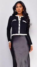 Vancouver Contrast Button Down Cardigan in Black full length front view on model