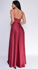 Peighton Burgundy Red Double Slit Satin Gown back view on model