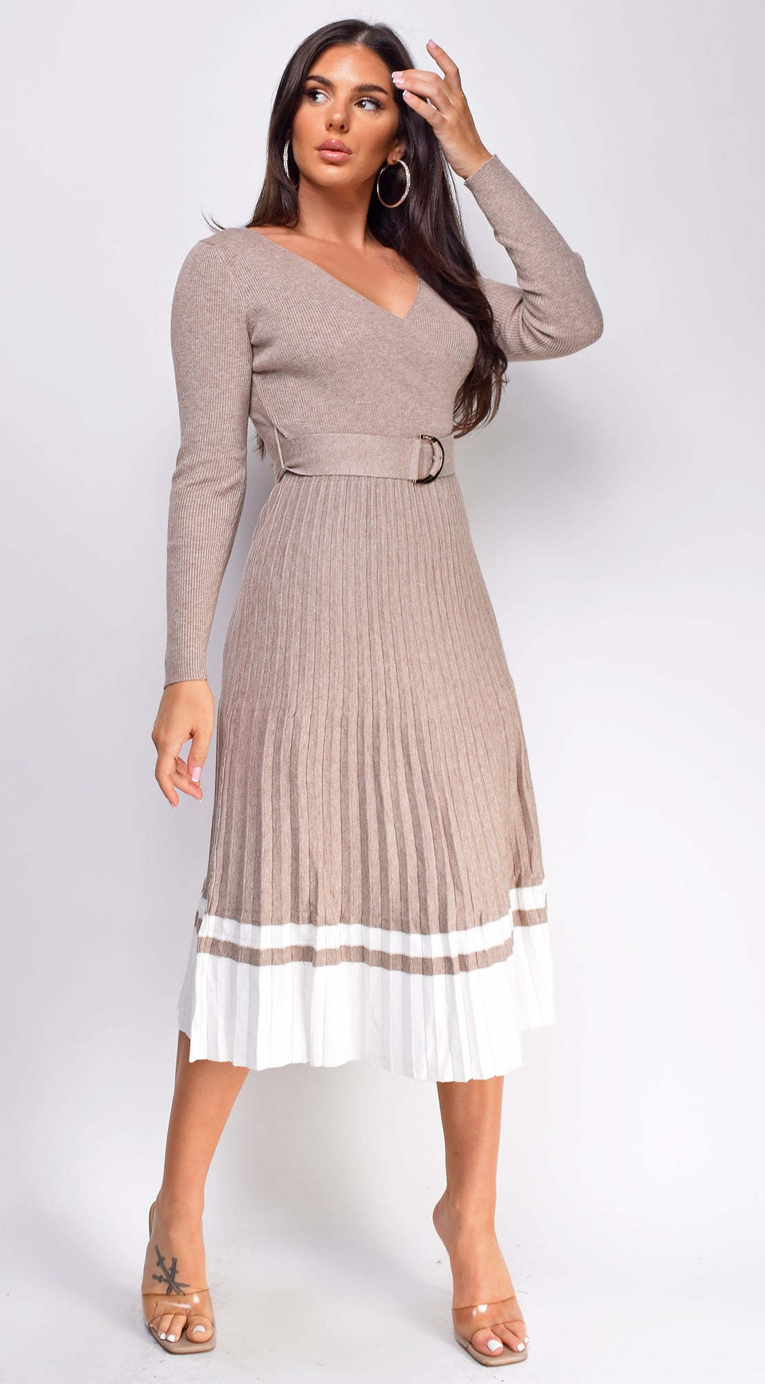 Amari Beige Belted Pleated Sweater Midi Dress