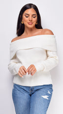 Fayola Ivory White Off Shoulder Sweater Top close-up of off-shoulder neckline
