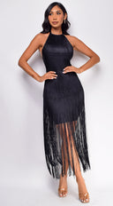 Seilynn Black Halter Fringe Mini Dress hemline and silhouette detail