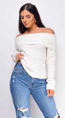 Fayola Ivory White Off Shoulder Sweater Top styled outfit flat lay