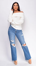 Fayola Ivory White Off Shoulder Sweater Top side profile view on model