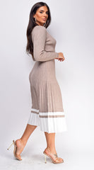 Amari Beige Belted Pleated Sweater Midi Dress