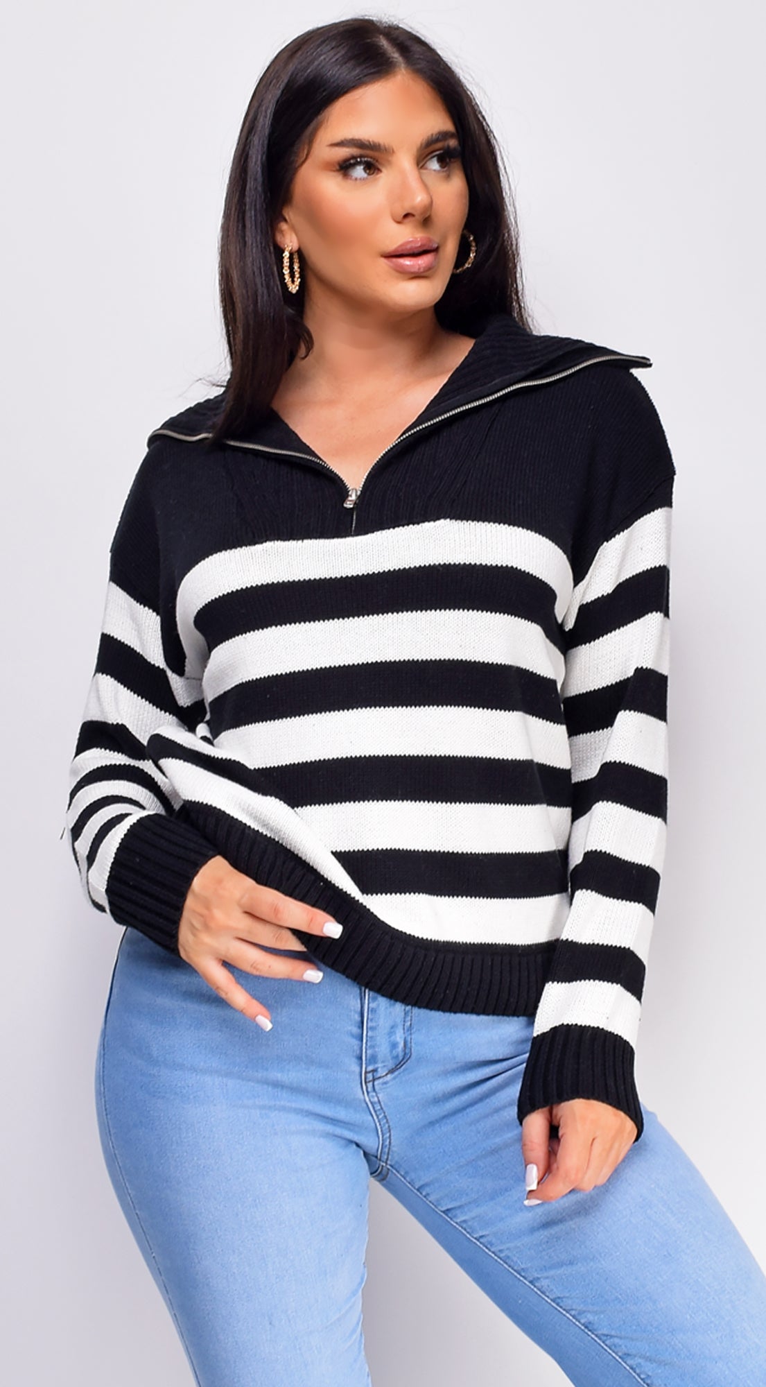 Kamila Black Striped Half Zip Long Sleeve Sweater Top