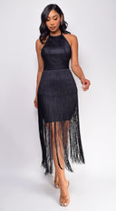Seilynn Black Halter Fringe Mini Dress full length front view on model
