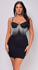 black mini dress with rhinestone fringe Black Blazer Mini Dress with Rhinestone Fringe Elegant Party Outfit Connie Pena