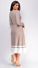 Amari Beige Belted Pleated Sweater Midi Dress