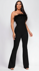 Xoey Feather Detail Bandage Jumpsuit in Black full length front view on model