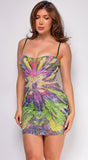 Holland Green Pink Multi Color Print Rhinestone Mini Dress