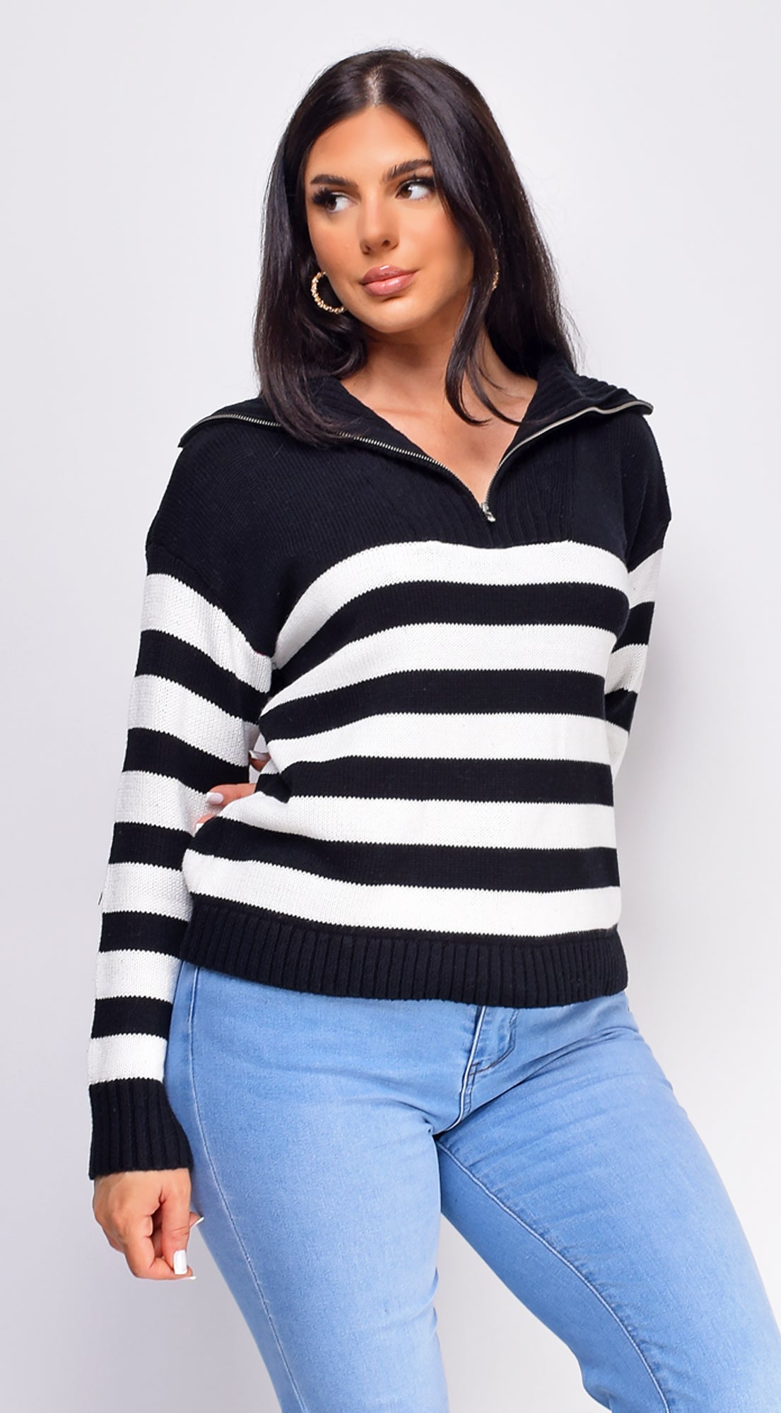 Kamila Black Striped Half Zip Long Sleeve Sweater Top