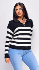 Kamila Black Striped Half Zip Long Sleeve Sweater Top